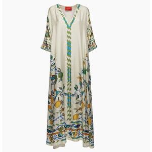 La DoubleJ Mumu Dress Placed Lemons White Silk Kaftan Maxi size XS